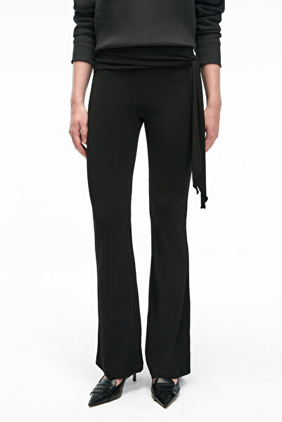 GRIMELANGE Ayshur Women's Stretch Fabric Waistband Detail Wide Leg Slim Fit Black Pants