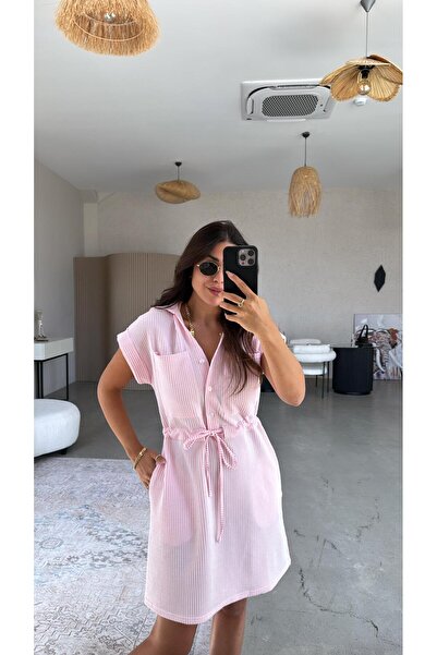 Buket Teke Pembe Çizgili Beli Kuşaklı Rahat Elbise