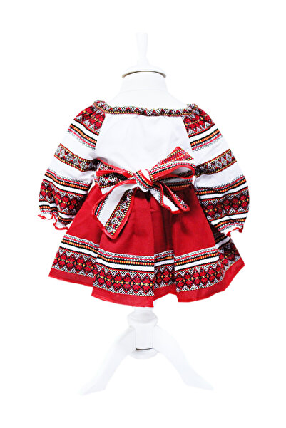 Recostore Costum popular, alb-rosu, 3 piese, bluza, fusta, brau, pentru fetite REC5