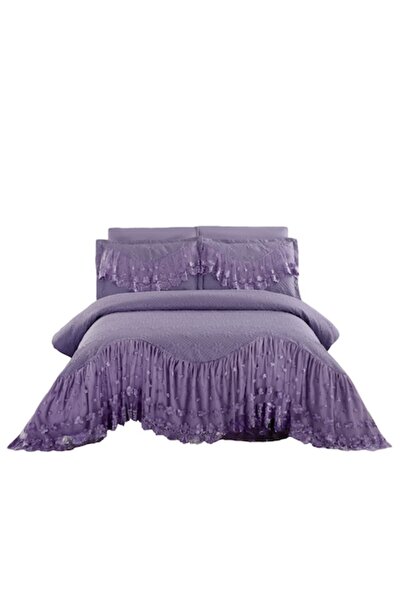 JOJO HOME Cuvertura si 2 fete de perna, cu Volanase Brodate, 2 persoane, 3 pi...