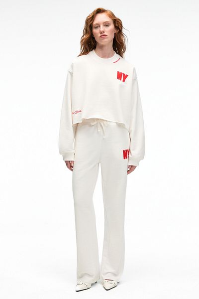 GRIMELANGE Avenza Women's Embroidery Detailed Regular Wide Leg Ecru Sweatpants with Side Pockets