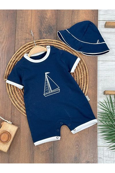 İBRE Sail Embroidery Detailled Hat and Clip on Summer Baby Boy Jumpsuit