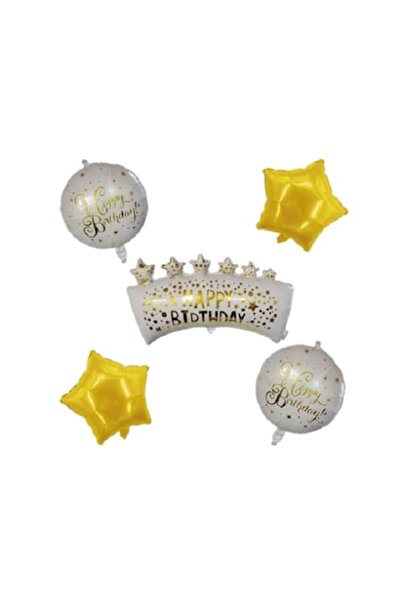 OEM Evolium set of 5 birthday balloons with star-shaped pattern, White-Gold