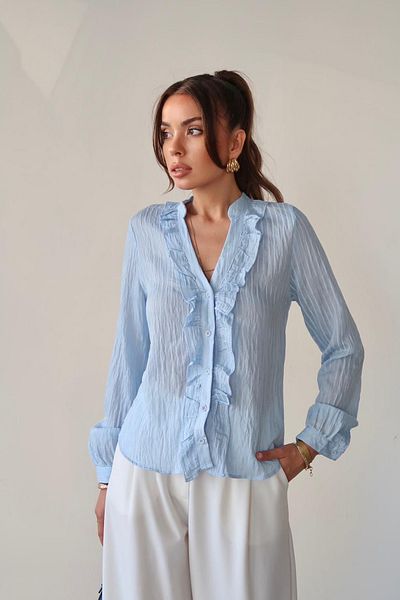 VAGGON Women's Blue Judge Collar Front Ruffle Shirt Vs00665