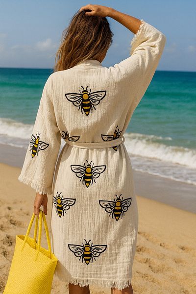 LaraLisa 4 Layers Natural Muslin Cotton Fabric Chemical Treatment Unprocessed Hand Printed Kaftan Kimono Peshtemal Bathrobe