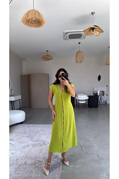 Buket Teke فستان أيروبين بأزرار موديل زيتوني Zr