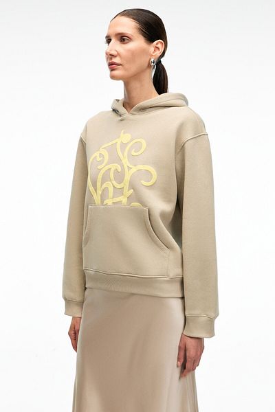 GRIMELANGE Lioraen Women's Printed Relaxed Kangaroo Pocket Hooded Stone Color Sweatshirt