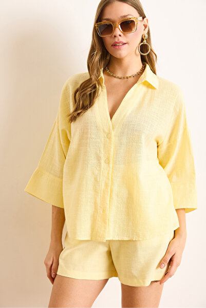 Olalook Women's Yellow V-Neck Flam Linen Shirt Gml-19001372