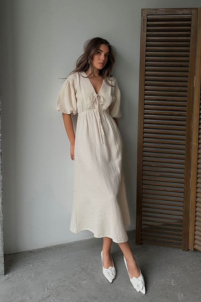VAGGON Women's Beige V-Neck Elastic Waist Short Sleeve Muslin Fabric Dress Vs00666