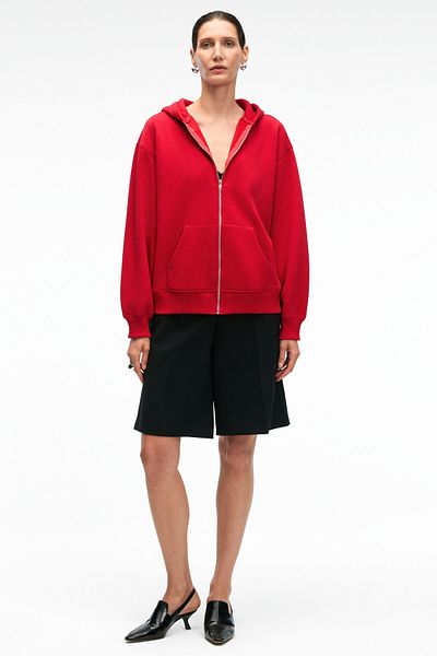 GRIMELANGE Valenya Women's Oversize Hooded Balloon Sleeve Metal Zipper Red Sweatshirt