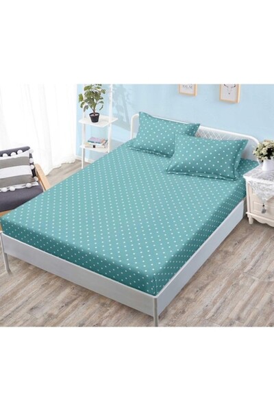 OEM Bed Sheet with Elastic, 3 Pieces, Satin Cotton, 180x200cm, Polka Dots Print, Turquoise-White