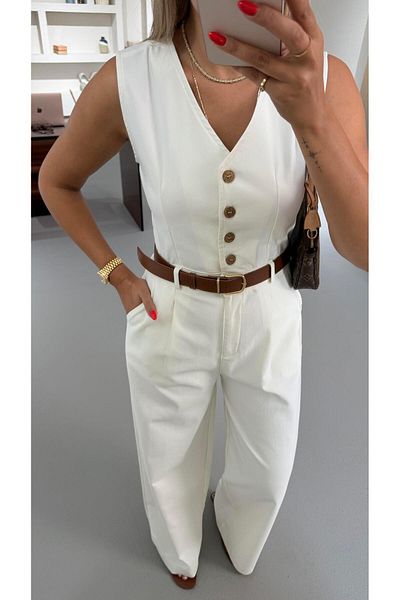 Sezgi Tekin Belted Button Detail Ecru Denim Jumpsuit