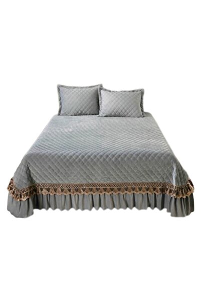 JOJO HOME Cuvertura si 2 fete de perna, Catifea Matlasata si Broderie Aurie, Jojo Home, 3 piese, 2 persoane, U