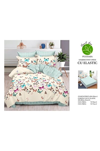 OEM Lenjerie pat dublu 2 fete, Imprimeu Primavara, 6 piese, 2 persoane, 180x200cm, Finet Satinat, Multic