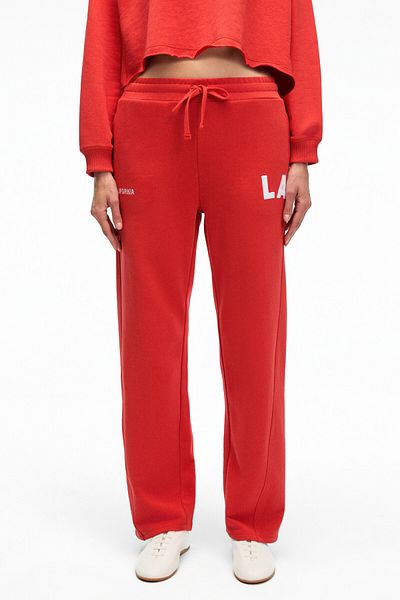 GRIMELANGE Avenza Women's Embroidery Detailed Side Pockets Regular Wide Leg Red Sweatpants