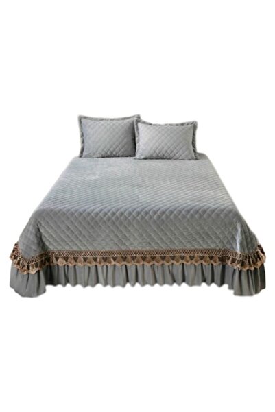 JOJO HOME Cuvertura si 2 fete de perna, Catifea Matlasata si Broderie Aurie, Jojo Home, 3 piese, 2 persoane, U