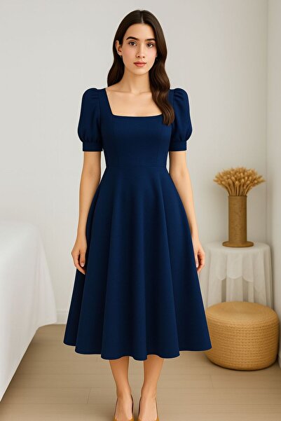 Styling Park Kısa Kol Kare Yaka Kloş Midi Boy Elbise