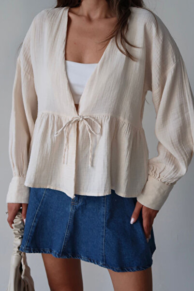 VAGGON Women's Beige V-Neck Lace-Up Shirt Blouse Vs00386