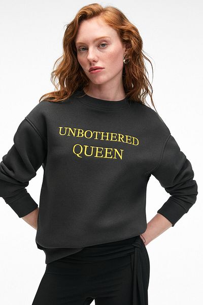 GRIMELANGE Isolune Women's Collar Embroidery Detailed Oversize Crew Neck Anthracite Sweatshirt