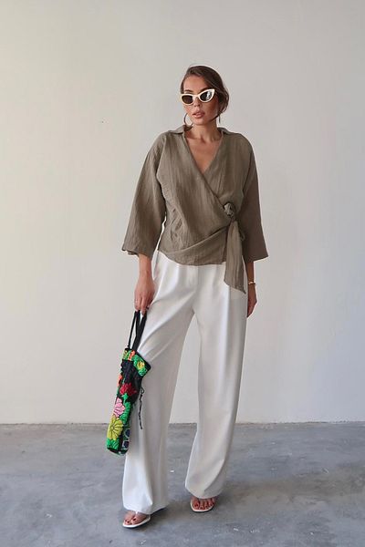 VAGGON Women's Khaki Double Breasted Collar Tie Muslin Blouse Vs00677