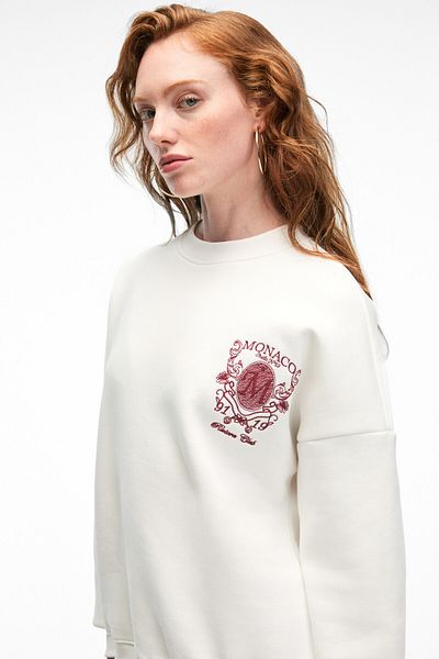 GRIMELANGE Audra Women's Oversize Round Neck Embroidery Detailed White Sweatshirt