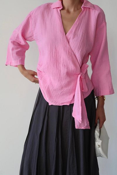 VAGGON Women's Pink Double Breasted Collar Tie-Up Muslin Blouse Vs00677