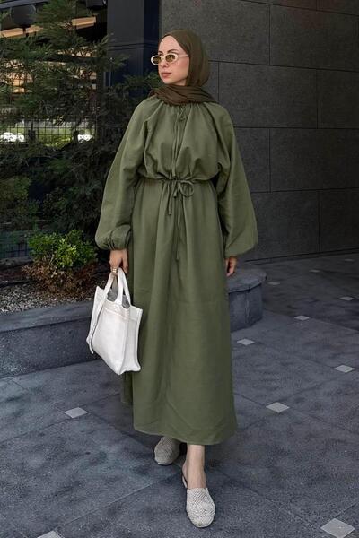 lamelif Μπαλόνι μανίκι δεμένο χιτζάμπ φόρεμα χακί