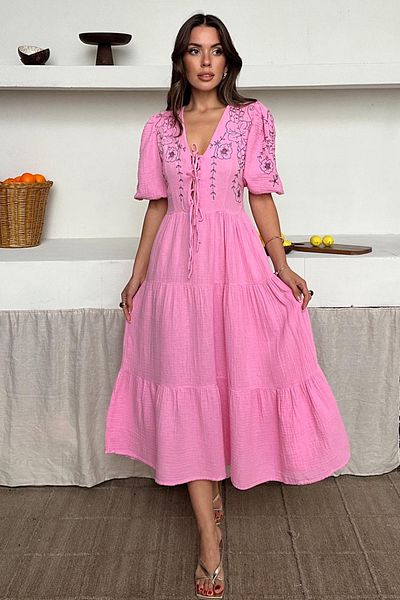 VAGGON Women's Pink V-Neck Embroidery Embroidered Muslin Dress Vs00668