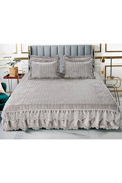 OEM Quilt and 2 Pillowcases, Velvet Lux with Ruffles, Uni, 3 Pieces, 2 Persons, 180x200cm, Light Grey