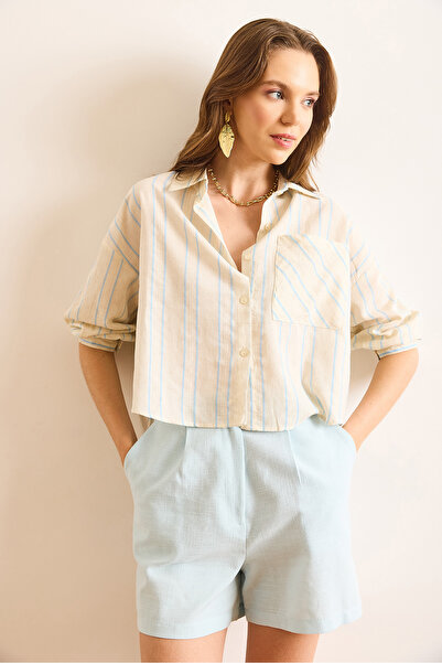 Olalook Cămașă crop pentru femei, bej, albastru, cu un singur buzunar, cu dungi în față, scurtă în spate, lungă în față GML-19001377