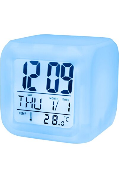 Evolium smart clock with alarm, time, date, temperature display, and night light, Blue Ice
