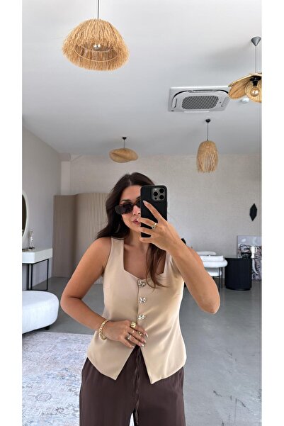 Buket Teke Beige Bow Button Fabric Vest