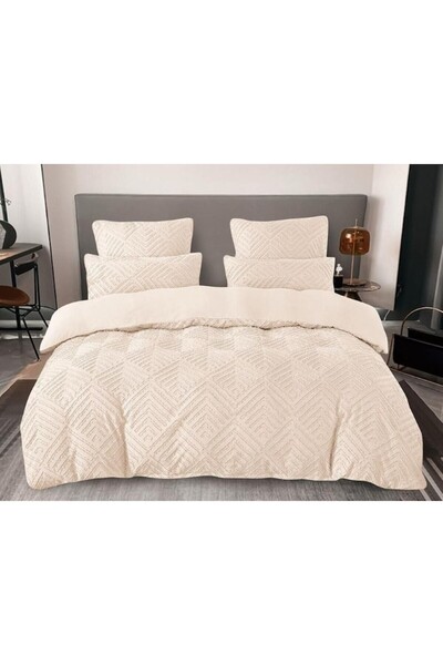 OEM Lenjerie de pat dublu, Velvet Grofat Romburi, 6 piese, 2 persoane, Uni, 230x250cm, Ivoire