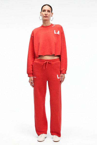 GRIMELANGE Avenza Women's Embroidery Detailed Side Pockets Regular Wide Leg Red Sweatpants