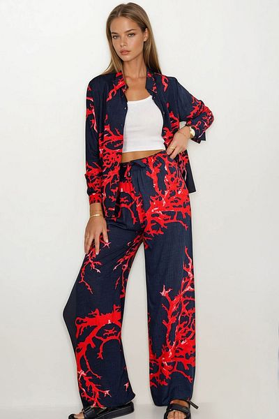 VAGGON Patterned Oversize Shirt and Lace-Up Palazzo Pants Set