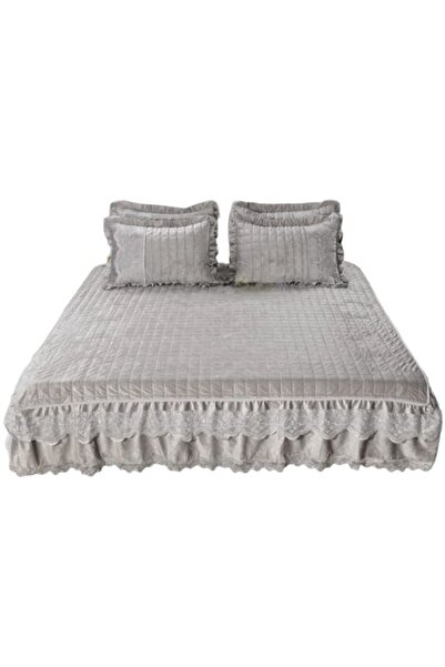 OEM Quilt and 2 Pillowcases, Velvet Lux with Ruffles, Uni, 3 Pieces, 2 Persons, 180x200cm, Light Grey