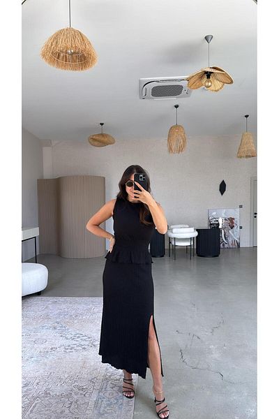 Buket Teke Seersucker Suit with Black Slit Skirt and Blouse
