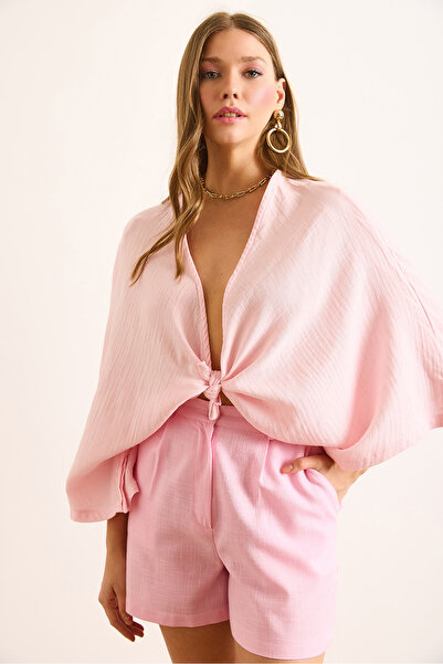 Olalook Women's Pink Bat Model Crop Muslin Kimono Kmn-00000071