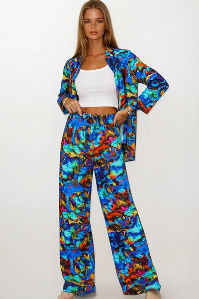 VAGGON Patterned Oversize Shirt and Lace-Up Palazzo Pants Set