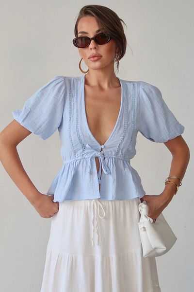 VAGGON V Neck Half Sleeve Tie Front Blouse