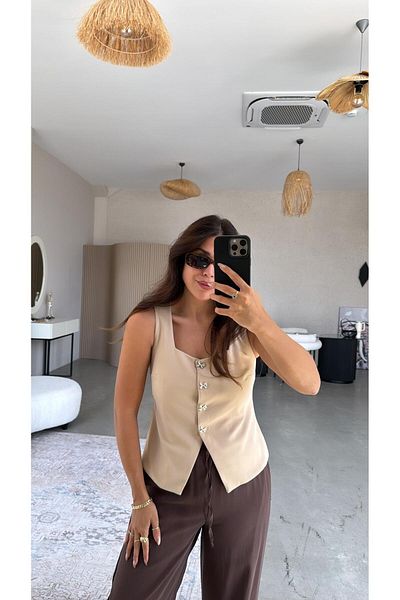 Buket Teke Beige Bow Button Fabric Vest