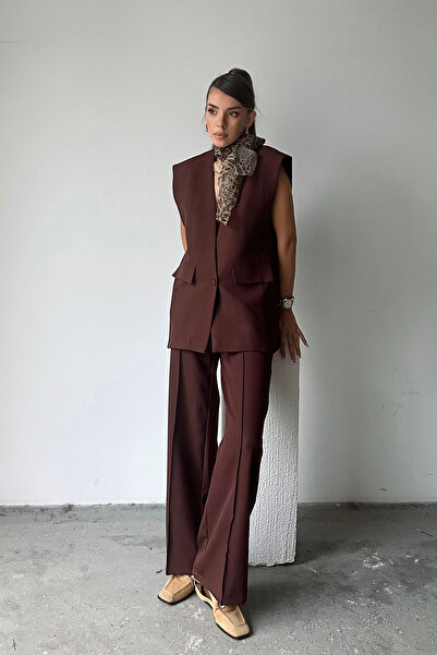 VAGGON Γυναικείο καφέ γιλέκο με ένα κουμπί με κάλυμμα τσέπης Vs00679