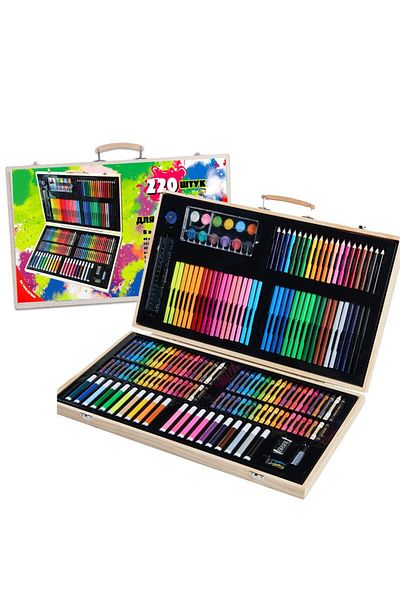 Flippy Set de desen și pictură cu 220 de piese, tip servietă din lemn, model natural, multicolor