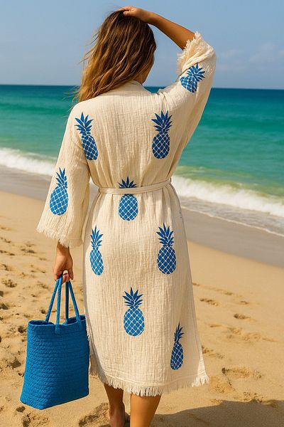 LaraLisa Collection 4 Layers Natural Muslin Cotton Fabric Chemical Treatment Unprocessed Hand Printed Kaftan Kimono Peshtemal Bathrobe