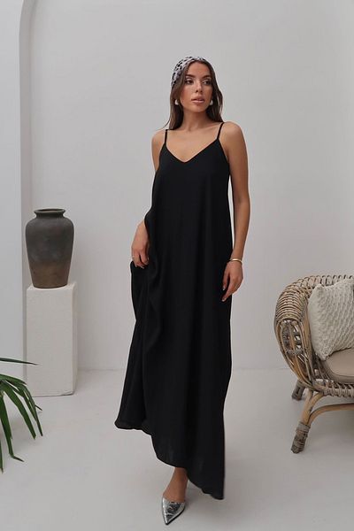 VAGGON Women's Black V Neck Strap Long Loose Dress Vs00670