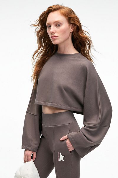 GRIMELANGE Anouk Women's Cotton Print and Patch Detailed Crew Neck Crop Anthracite Sweatshirt