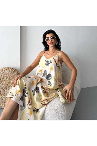 DİMA Floral Patterned Lined Long Flowing Cutout Strap Dress