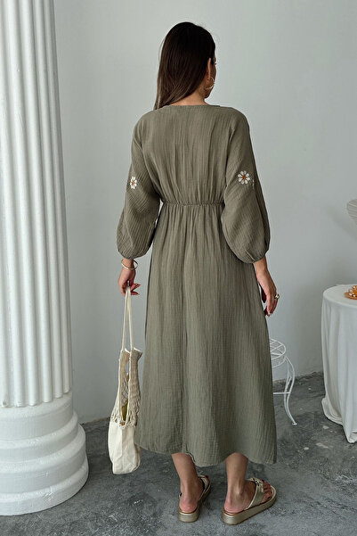 VAGGON Γυναικείο μακρύ φόρεμα με κορδόνια με μανίκια μπαλόνι με λαιμόκοψη Vs00669