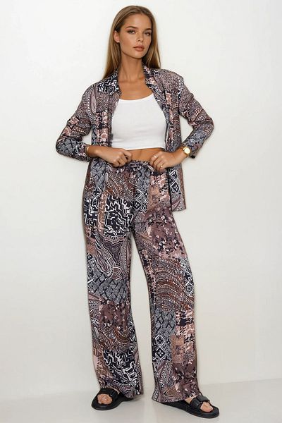 VAGGON Patterned Oversize Shirt and Lace-Up Palazzo Pants Set