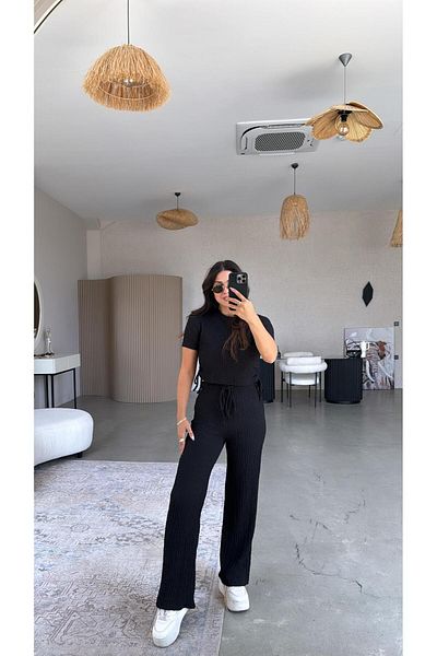 Buket Teke Black Seersucker Drawstring Cropped Suit